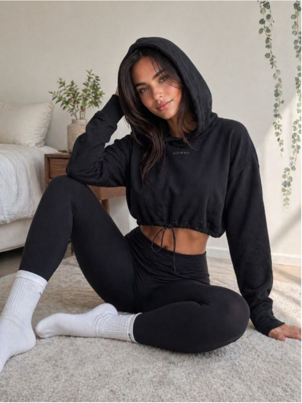 NWT Koral Clover Matte Hoodie S Black Cropped Drawstring Hem Athleisure